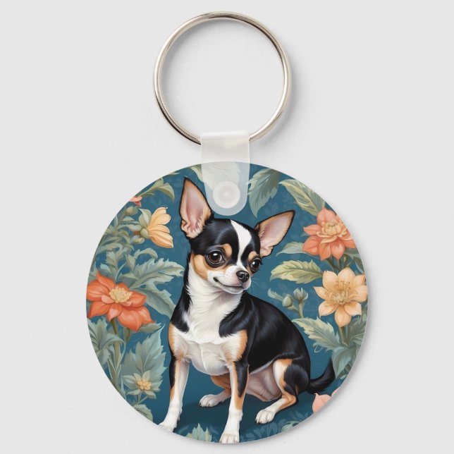Cute Chihuahua William Morris Inspired Floral Key Ring (Front)