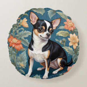 Cute Chihuahua William Morris Inspired Floral Round Cushion