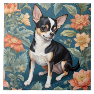 Cute Chihuahua William Morris Inspired Floral Tile