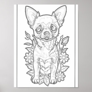 Cute Chihuahua With Flowers Colouring Page Poster