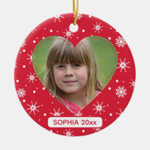 Cute Child Photo Snowflakes Red Christmas Ceramic Tree Decoration
