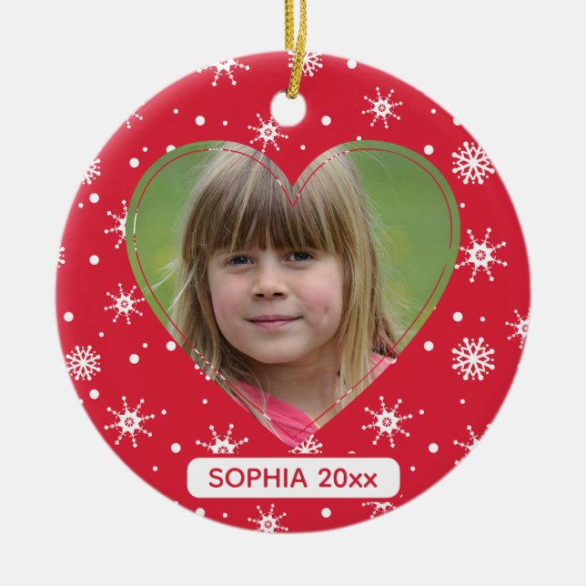 Cute Child Photo Snowflakes Red Christmas Ceramic Tree Decoration (Front)