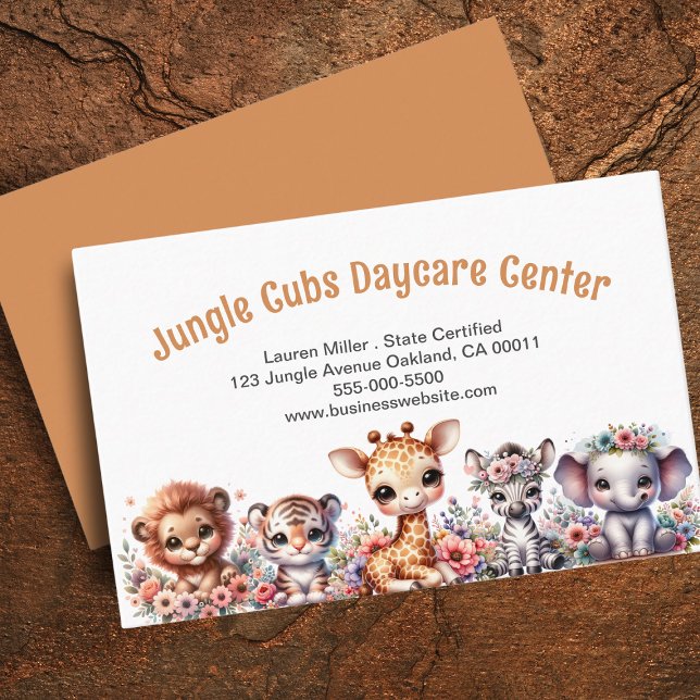 Cute Childcare Daycare Safari Animals Floral Business Card (Creator Uploaded)