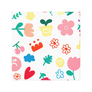 Cute Childish Flowers and Fruits Doodle Canvas Print