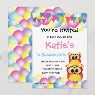 Cute children baby owl birthday invitation