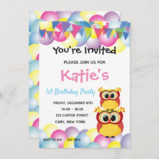 Cute children baby owl birthday invitation