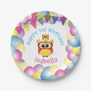 Cute children baby owl birthday paper plate