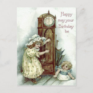 Cute Children Grandfather Clock Kitten Postcard