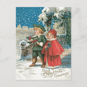Cute Children Holly Cottage Snow Postcard