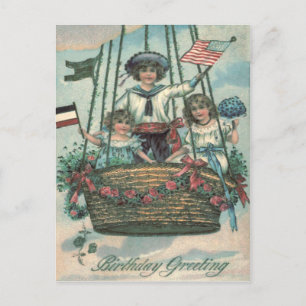 Cute Children Hot Air Balloon Roses Postcard