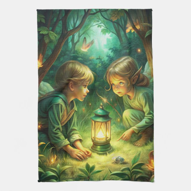 Cute Children in Forest Tea Towel (Vertical)
