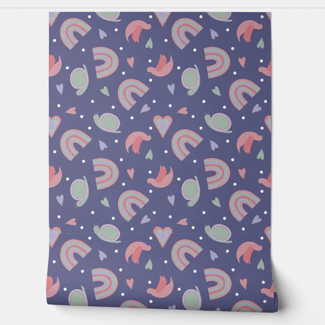 cute children’s seamless pattern with snails, bird wallpaper (Unrolling)