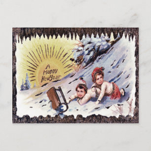 Cute Children Sled Snow Sun Sledding Postcard