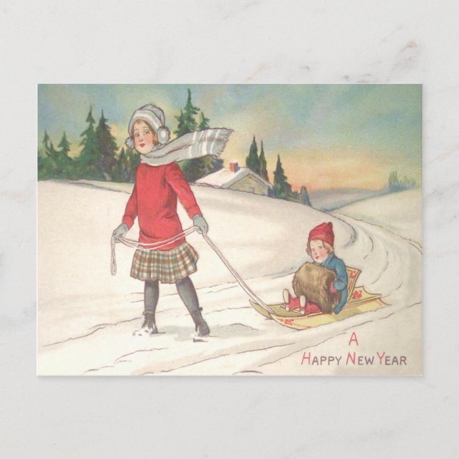 Cute Children Sledding Sled Snow Postcard (Front)
