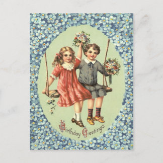 Cute Children Swing Bouquet Flowers Postcard