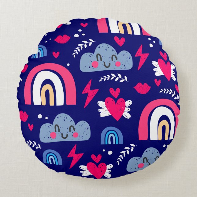 Cute children's seamless pattern, rainbow, clouds, round cushion (Front)
