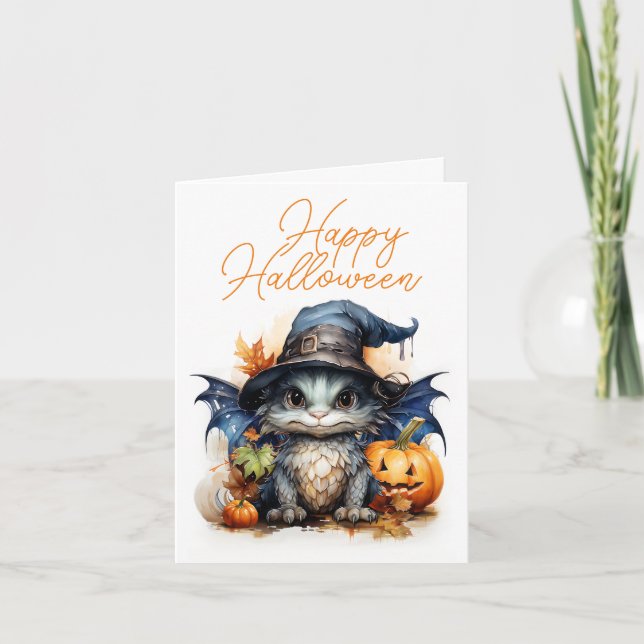 Cute Children's Watercolor Baby Dragon Halloween Card (Front)