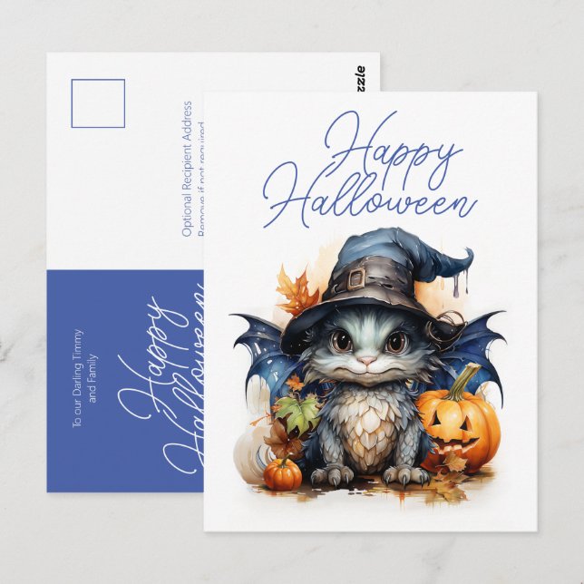 Cute Children's Watercolor Baby Dragon Halloween Postcard (Front/Back)