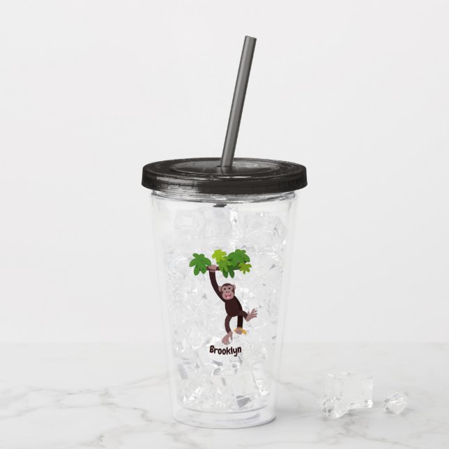 Cute chimpanzee in jungle hanging cartoon acrylic tumbler (Back Ice)