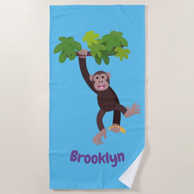 Cute chimpanzee in jungle hanging cartoon beach to beach towel (Front)