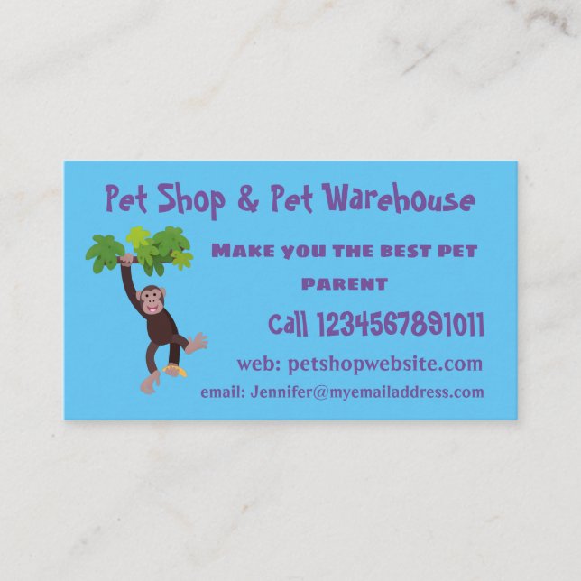 Cute chimpanzee in jungle hanging cartoon business card (Front)