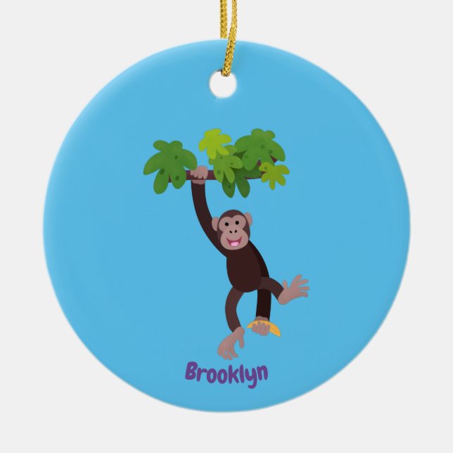 Cute chimpanzee in jungle hanging cartoon ceramic tree decoration (Front)