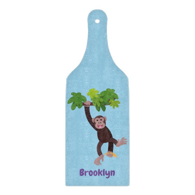 Cute chimpanzee in jungle hanging cartoon cutting board (Front)
