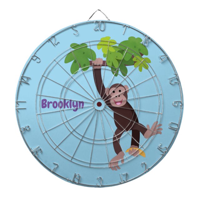 Cute chimpanzee in jungle hanging cartoon dartboard (Front)