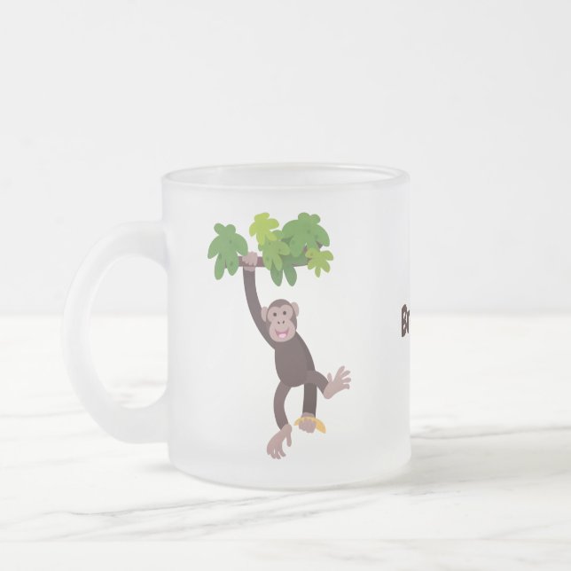 Cute chimpanzee in jungle hanging cartoon frosted glass coffee mug (Left)