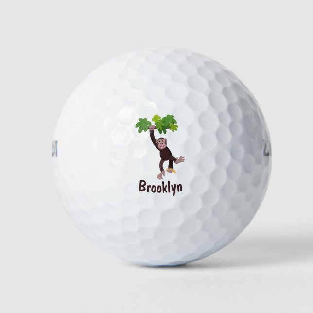 Cute chimpanzee in jungle hanging cartoon golf balls (Front)