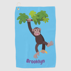 Cute chimpanzee in jungle hanging cartoon golf towel