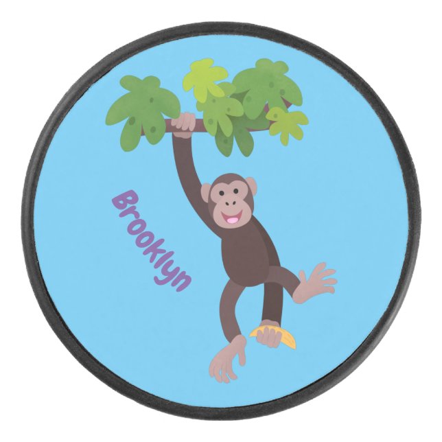 Cute chimpanzee in jungle hanging cartoon hockey puck (Front)