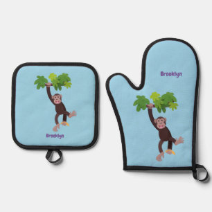 Cute chimpanzee in jungle hanging cartoon oven mitt & pot holder set