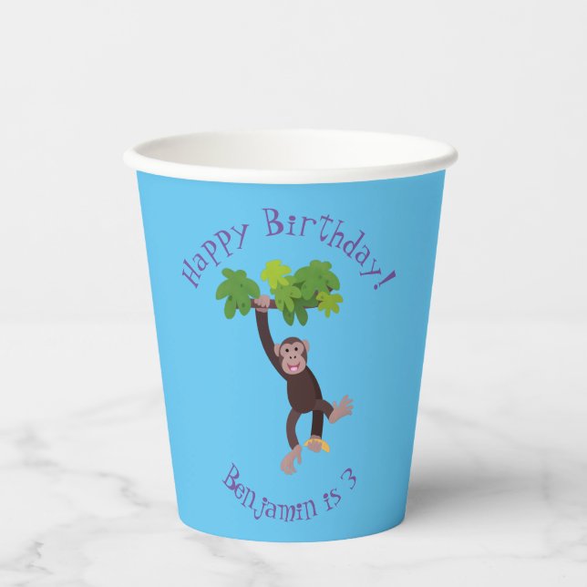 Cute chimpanzee in jungle hanging cartoon paper cups (Front)