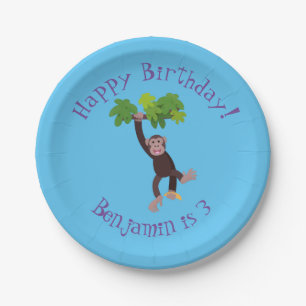 Cute chimpanzee in jungle hanging cartoon paper plate