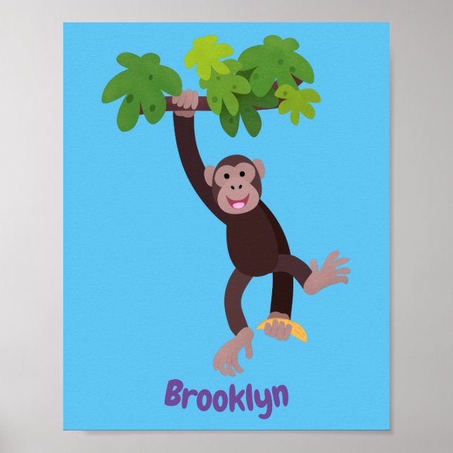 Cute chimpanzee in jungle hanging cartoon poster (Front)