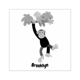 Cute chimpanzee in jungle hanging cartoon rubber stamp