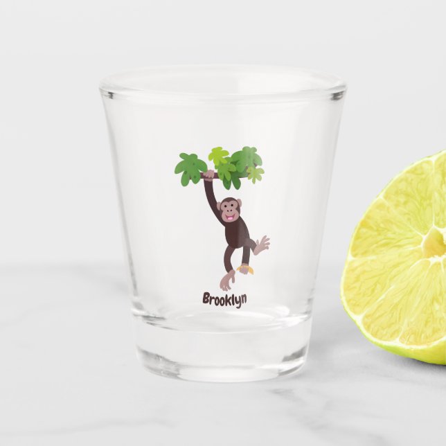 Cute chimpanzee in jungle hanging cartoon shot glass (Front)