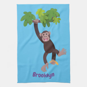 Cute chimpanzee in jungle hanging cartoon tea towel