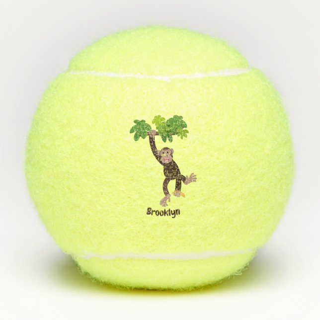 Cute chimpanzee in jungle hanging cartoon tennis balls (Front)