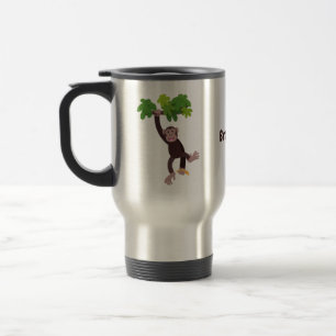 Cute chimpanzee in jungle hanging cartoon travel mug