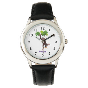 Cute chimpanzee in jungle hanging cartoon watch