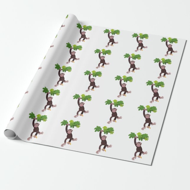 Cute chimpanzee in jungle hanging cartoon wrapping paper (Unrolled)