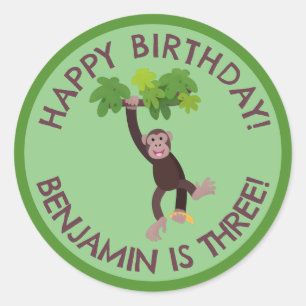 Cute chimpanzee in jungle personalised birthday classic round sticker