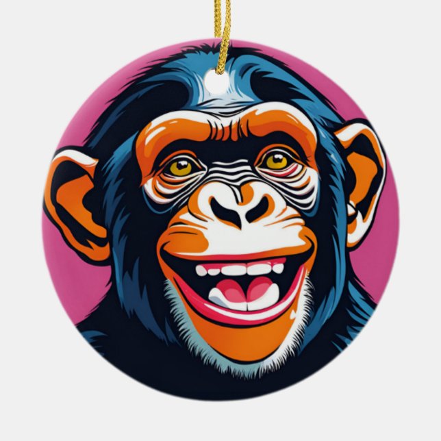 Cute Chimpanzee Laughs Ceramic Tree Decoration (Front)