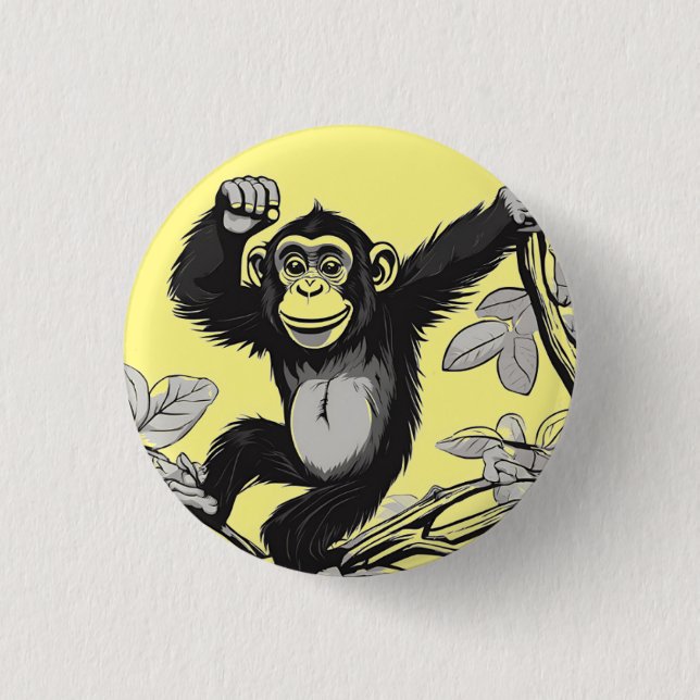 Cute chimpanzee on the branch greets 3 cm round badge (Front)