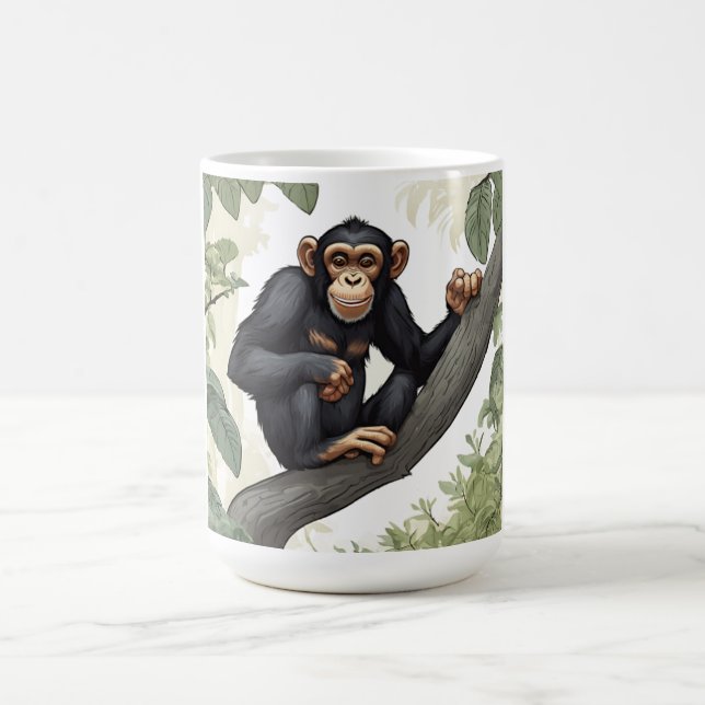 Cute chimpanzee on the branch greets coffee mug (Center)