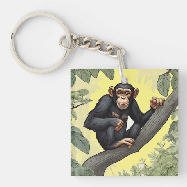 Cute chimpanzee on the branch greets key ring (Front)