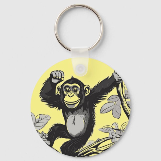 Cute chimpanzee on the branch greets key ring (Front)