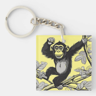 Cute chimpanzee on the branch greets key ring